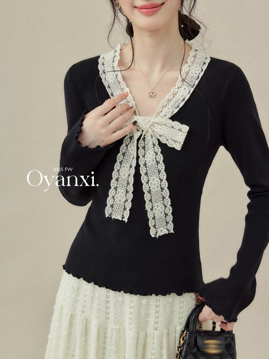 OYANXI レーストリム Vネック 長袖Tシャツ