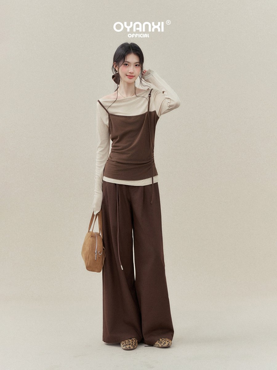OYANXI 配色 フェイクレイヤード ドレープネック ギャザーTシャツ