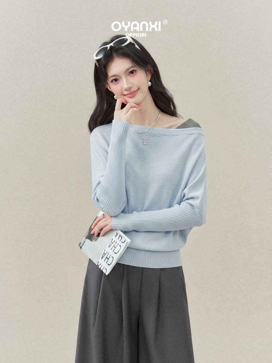 OYANXI フェイクレイヤード アシンメトリーネック ニットトップス