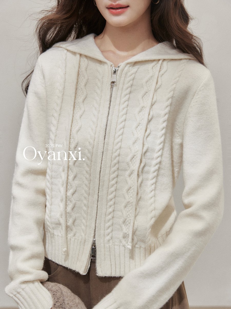 OYANXI フード付き ジップアップ ショート丈ニット