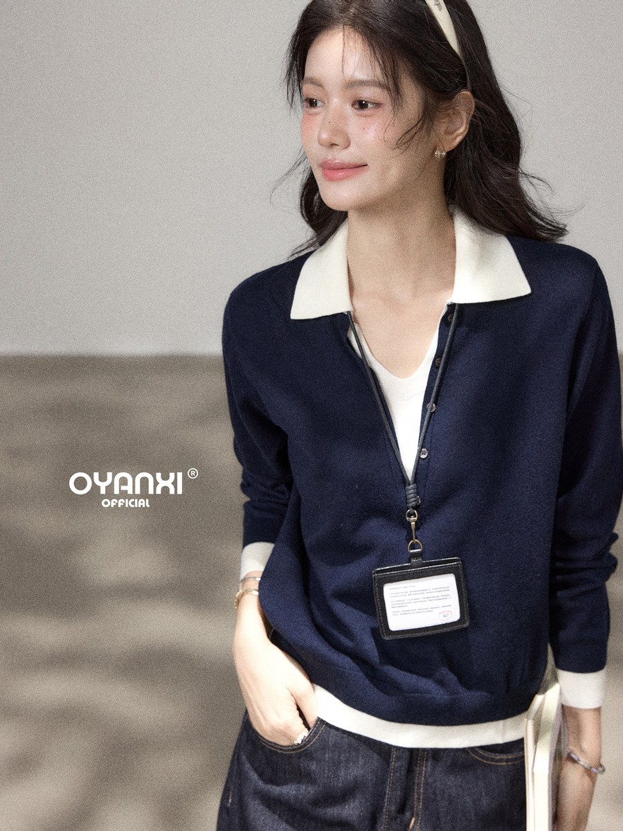 OYANXI ポロカラー 配色 フェイクレイヤード ニット