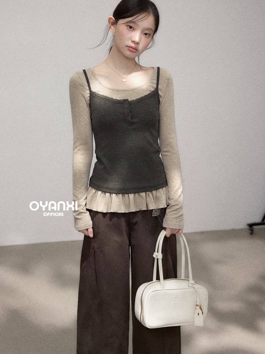 OYANXI 配色切り替え フェイクレイヤード フリル裾 長袖Tシャツ