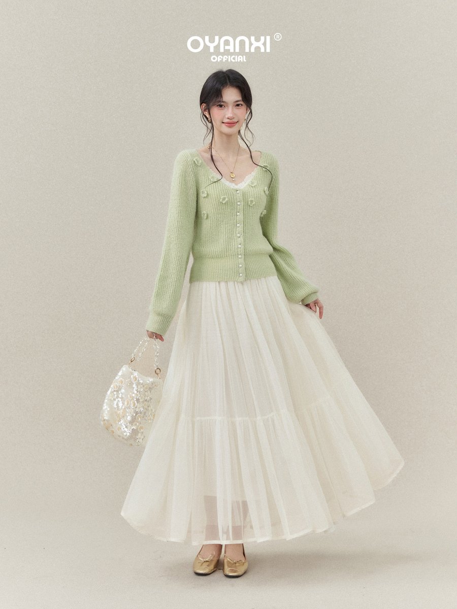 OYANXI 立体フラワー Vネック フレアスリーブ ニットカーディガン