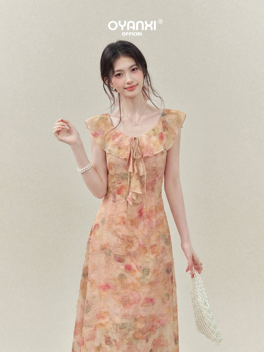 OYANXI フレンチ 花柄 フリルスリーブ ロングワンピース