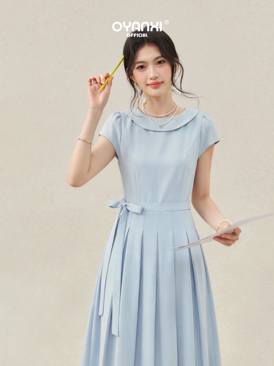 OYANXI フレンチスリーブ クルーネック Aライン ロングワンピース