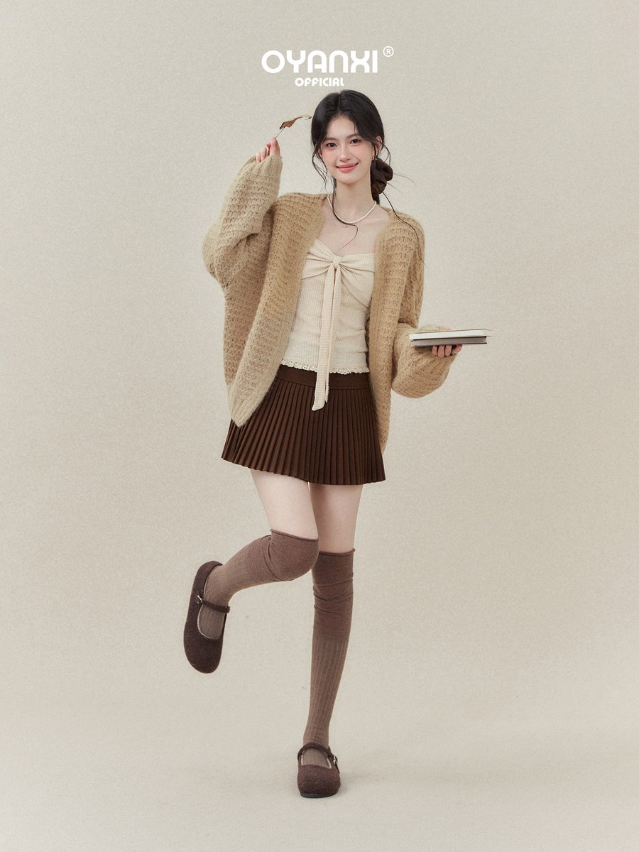 OYANXI 透かし編み ランタンスリーブ ゆったり ニットカーディガン