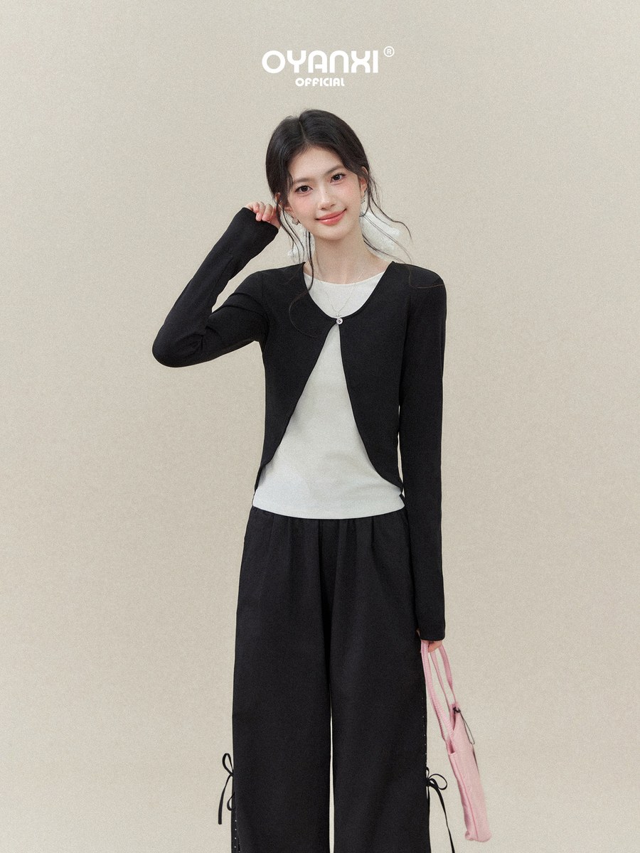 OYANXI 配色 フェイクレイヤード ワンボタン 長袖Tシャツ