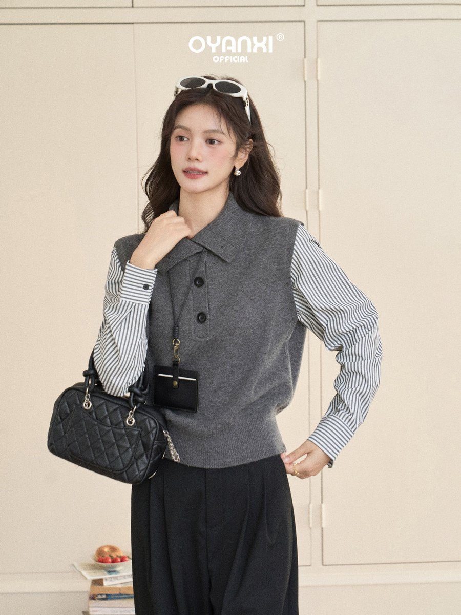 OYANXI フェイクレイヤード ポロカラー ゆったりニット