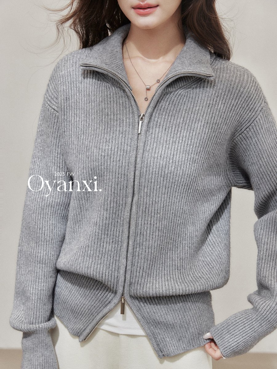 OYANXI スタンドカラー ダブルジップ ニットカーディガン
