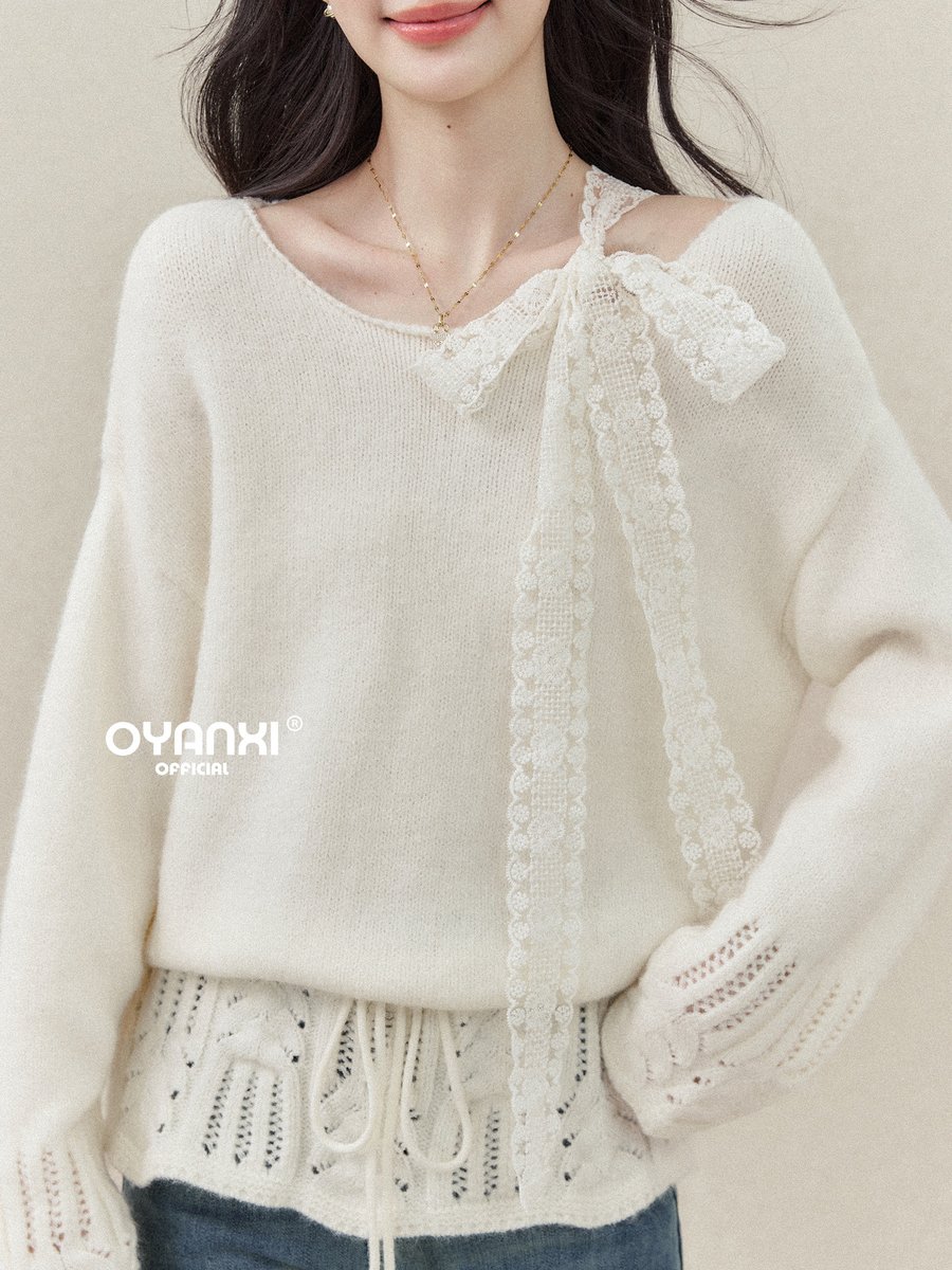 OYANXI 片側レース リボン 透かし裾 ニットセーター