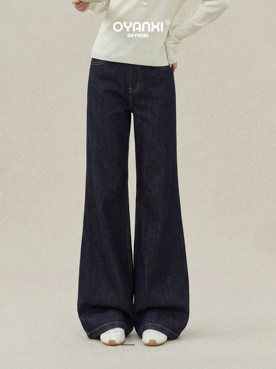 OYANXI シンプル ミッドウエスト ワイドデニムパンツ