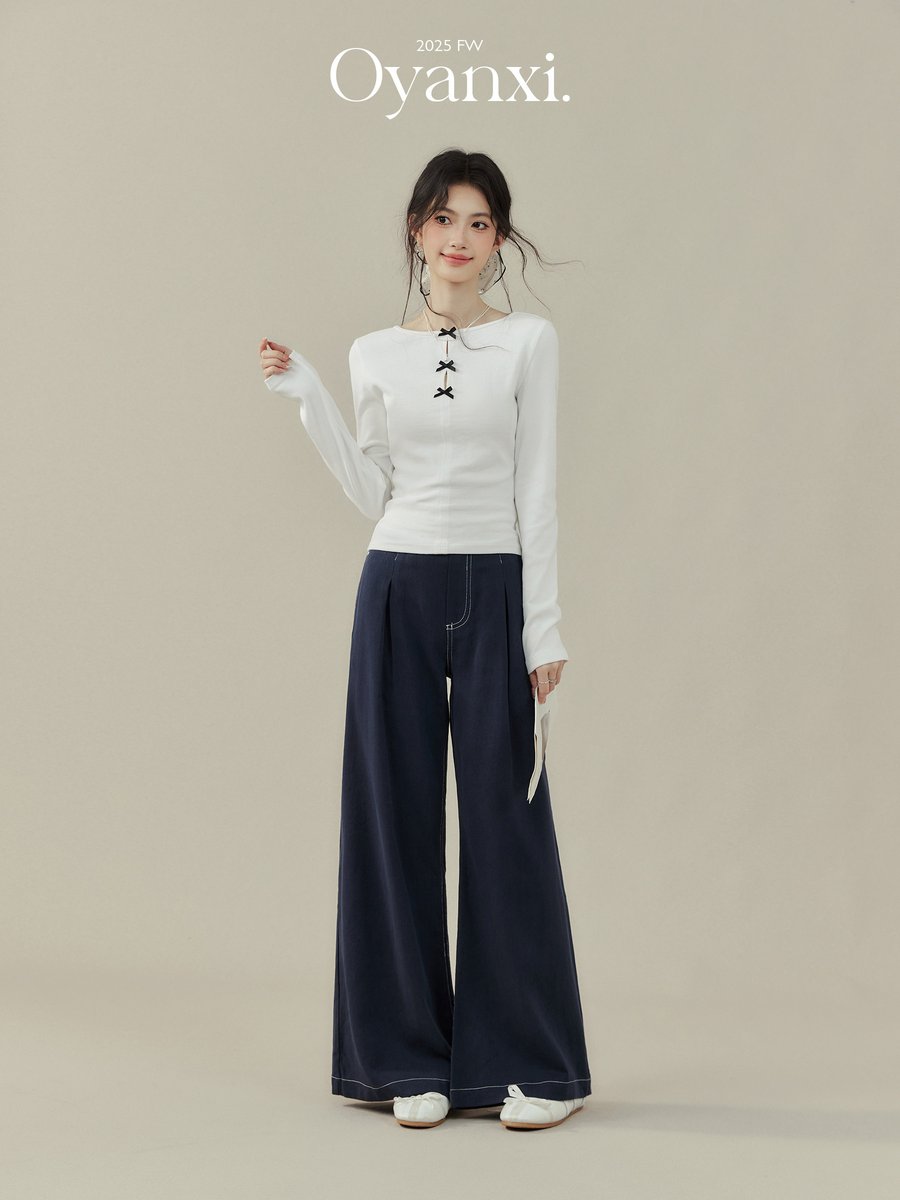 OYANXI リボン すっきりシルエット 長袖Tシャツ