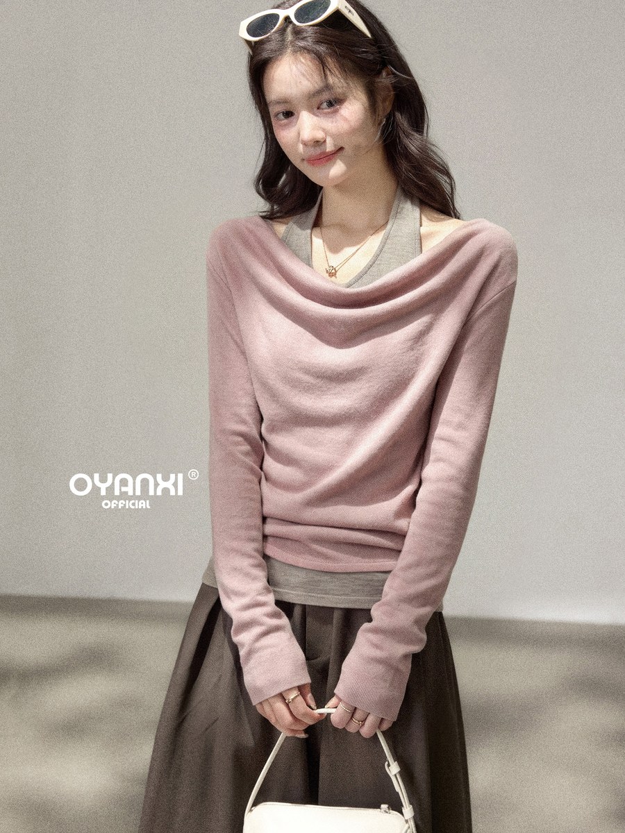 OYANXI ホルターネック ドレープ フェイクレイヤード スリム長袖ニット