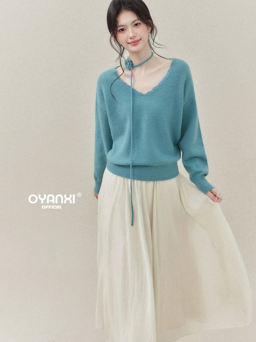 OYANXI フラワーリボン付き レーストリム Vネック セーター