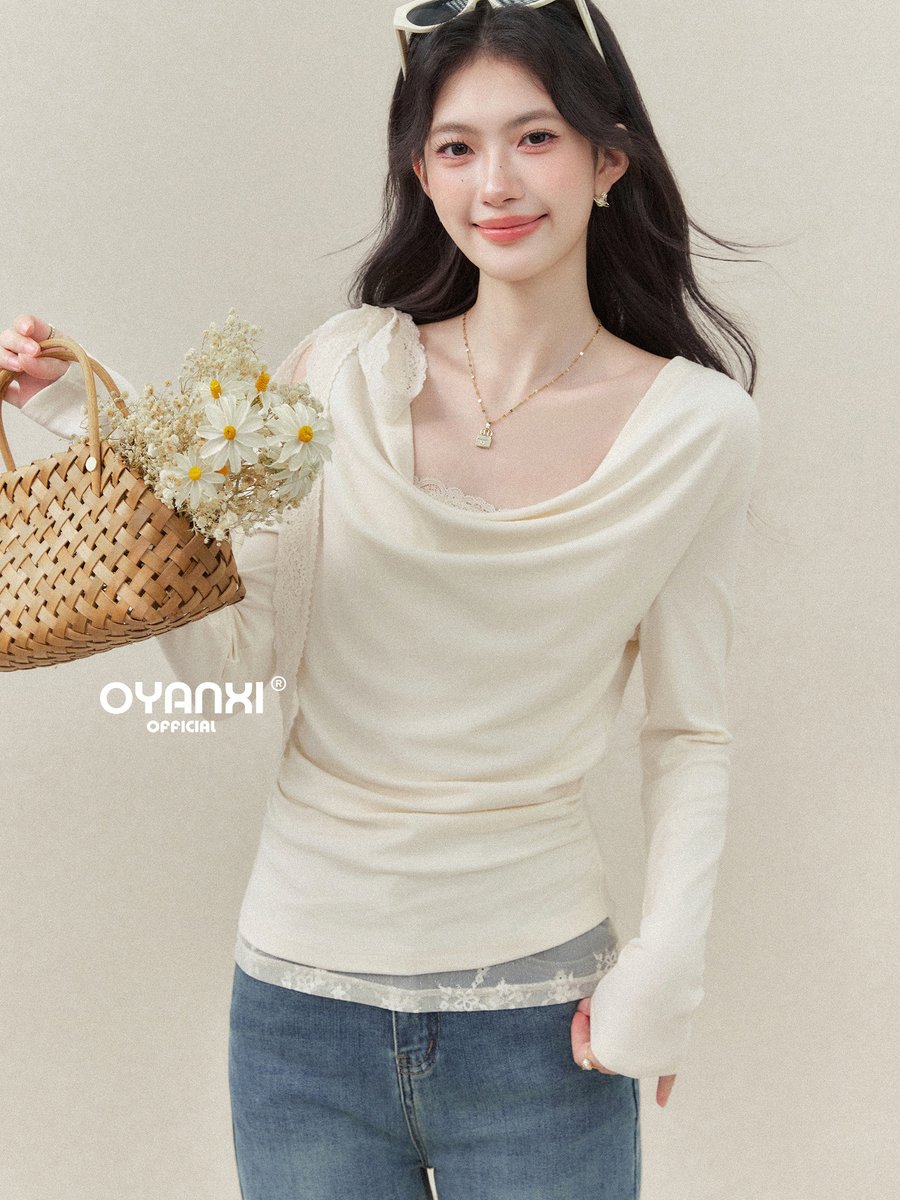 OYANXI レース ワンショルダー ドレープネック 長袖Tシャツ