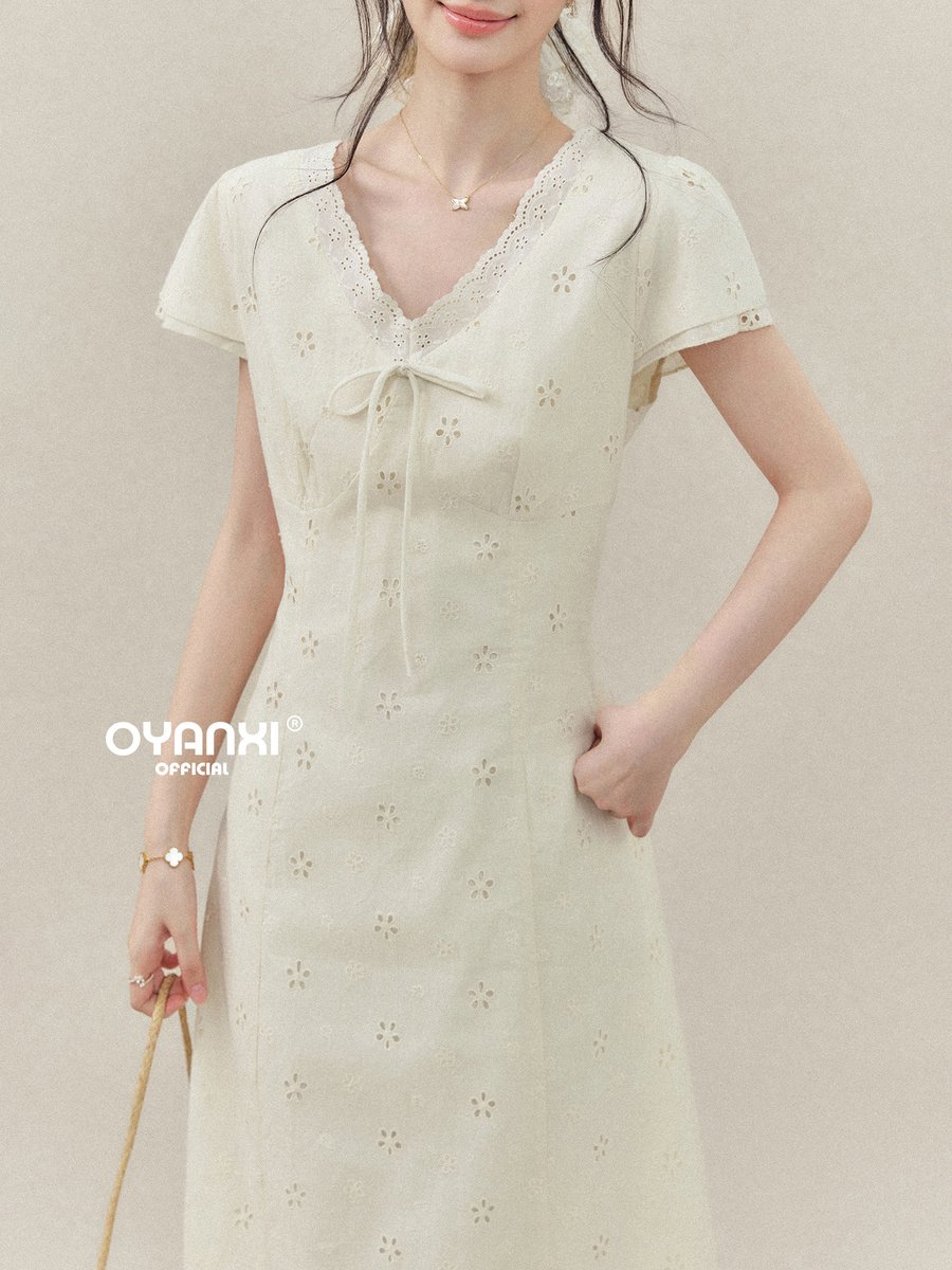 OYANXI カットワーク リボン Vネック 半袖ワンピース