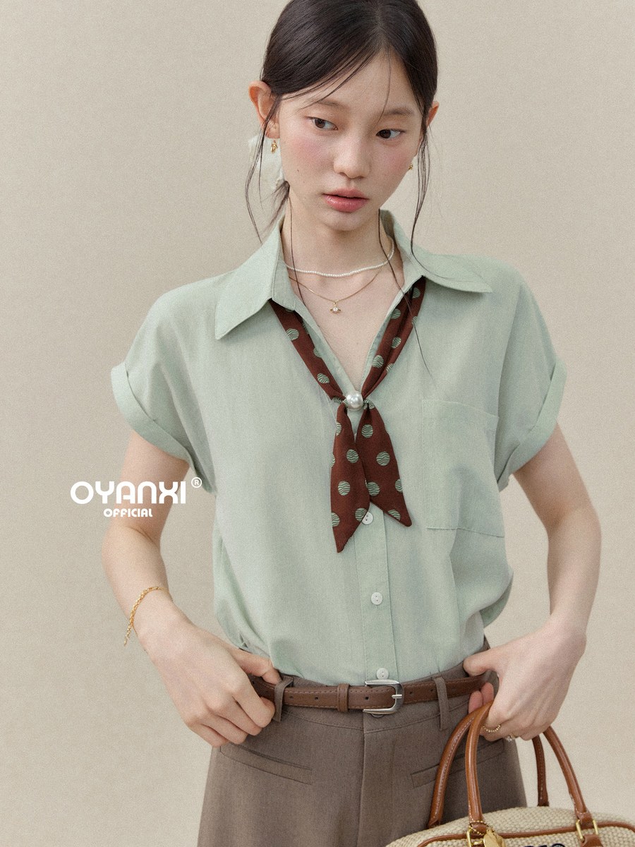 OYANXI スカーフ付き 襟付き ゆったり 半袖シャツ