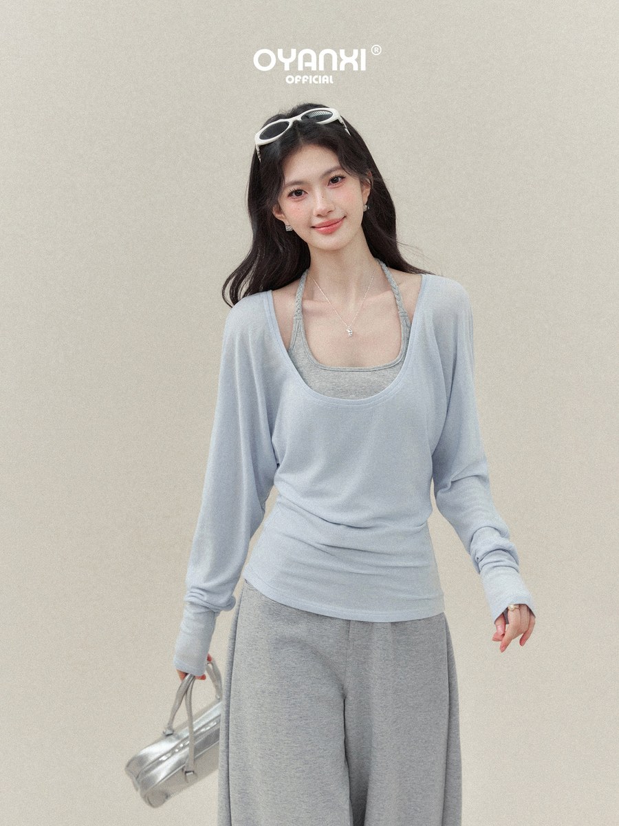 OYANXI ホルターネックベスト×長袖Tシャツ レイヤードセット