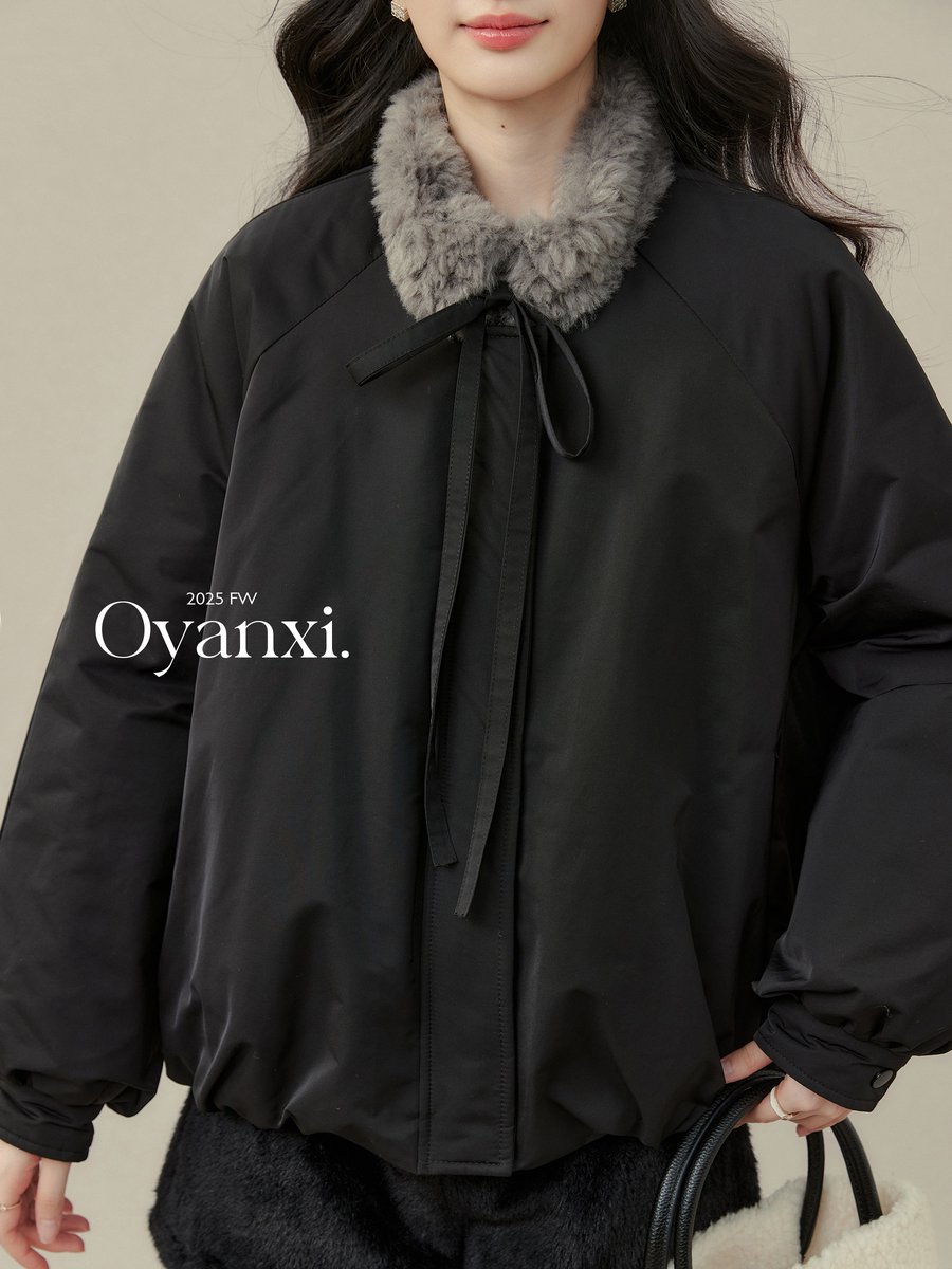 OYANXI リボン付き ファーカラー 中綿ジャケット