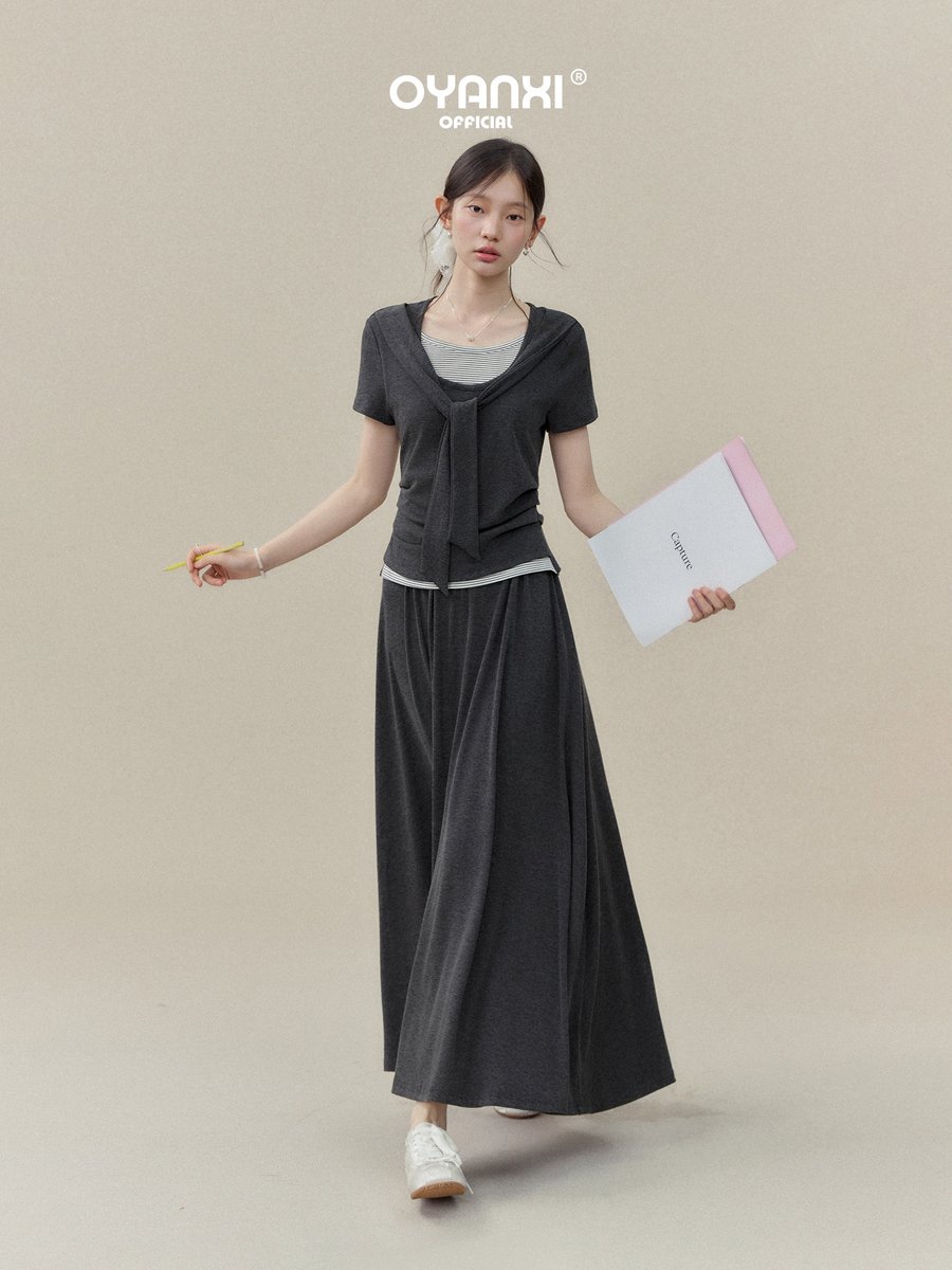 OYANXI フェイクレイヤード 半袖トップス＆スカート セットアップ