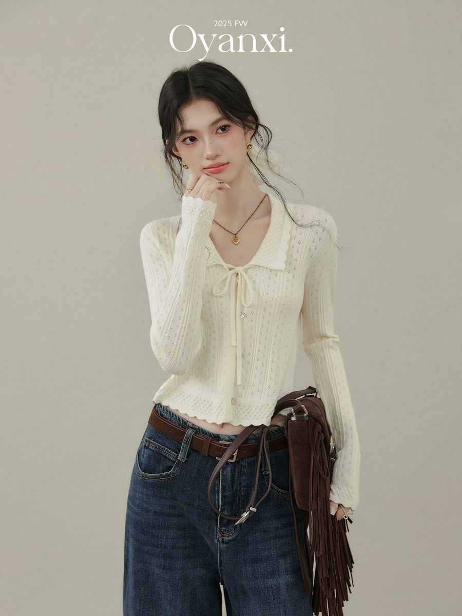 OYANXI リボン ショート丈 長袖ニット アプリコット