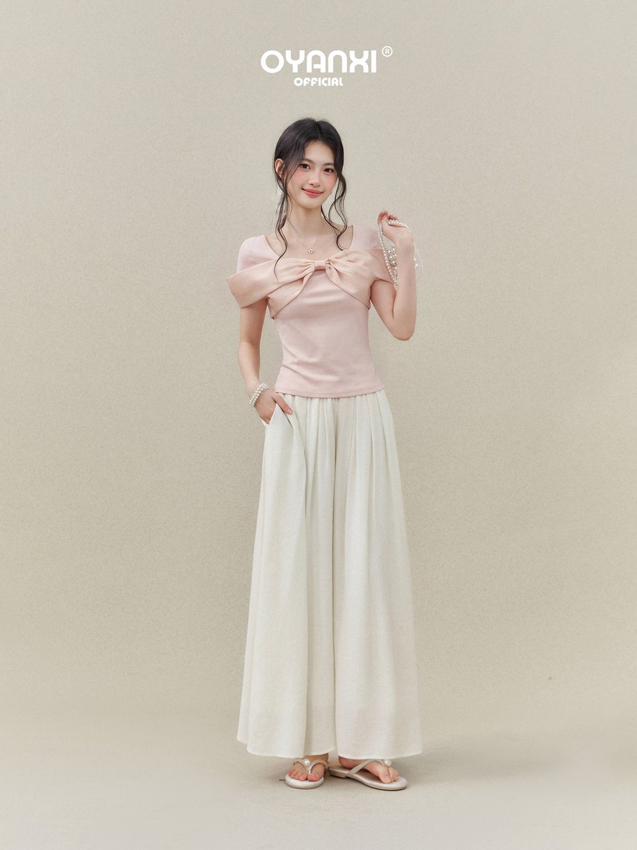 OYANXI Uネック リボン スリム 半袖Tシャツ
