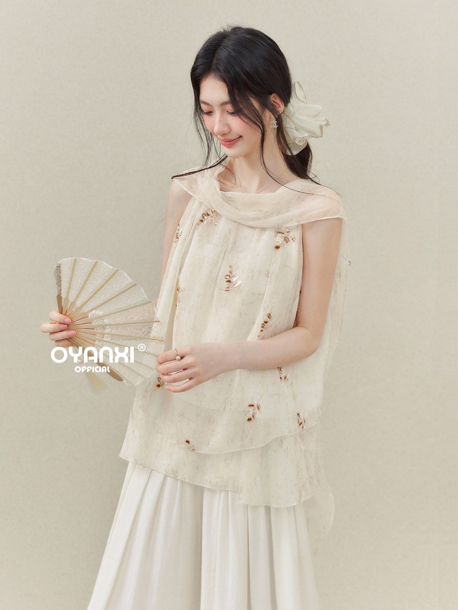 OYANXI 小花柄 ナチュラル ノースリーブトップス