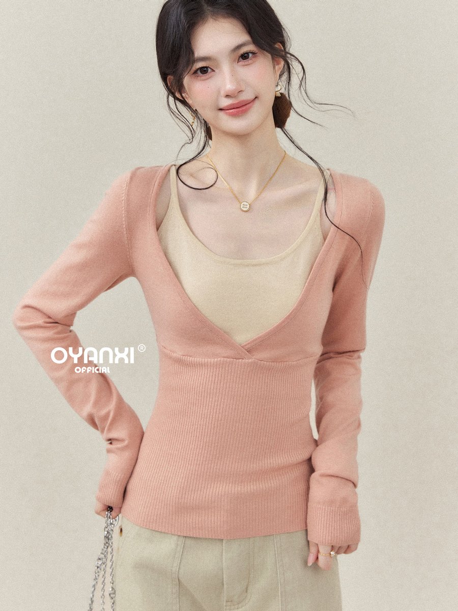 OYANXI フェイクレイヤード スリム 長袖ニットトップス