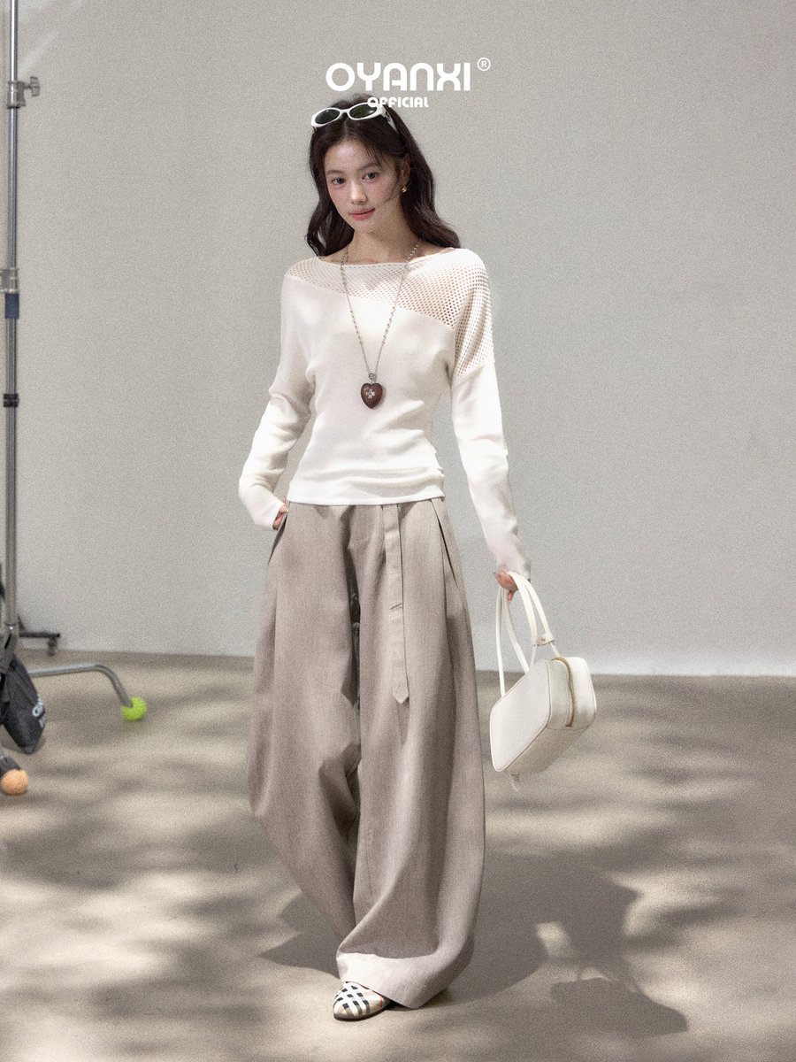OYANXI アシンメトリーネック メッシュ編み切り替え ニットトップス