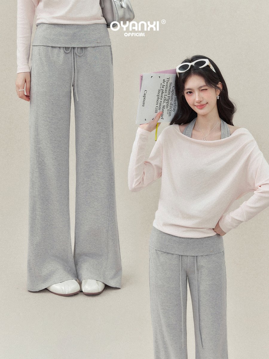OYANXI ドレープネック フェイクレイヤードTシャツ＆パンツ セットアップ