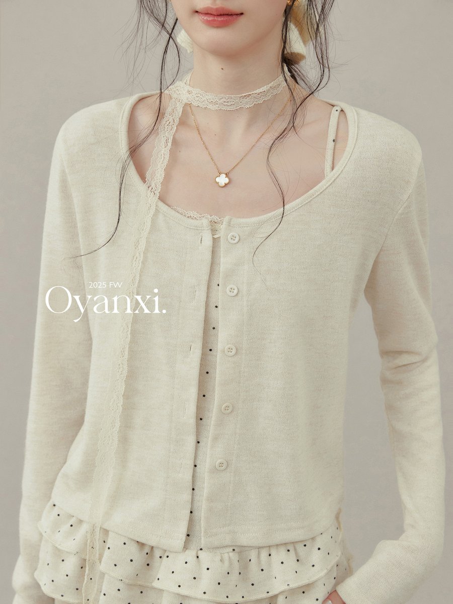 OYANXI レトロ ニットカーディガン＆ドットキャミソール 2点セット