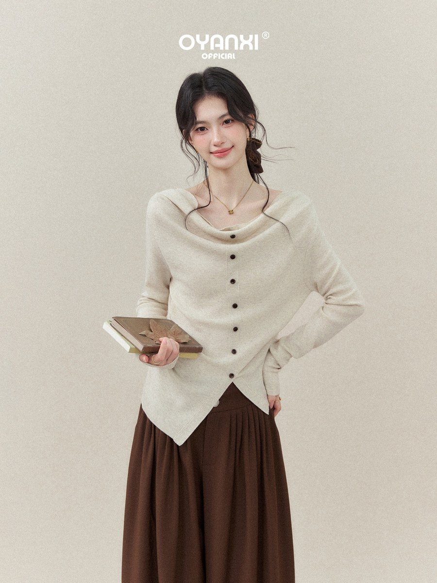 OYANXI ドレープネック アシンメトリーヘム スリム 長袖ニット