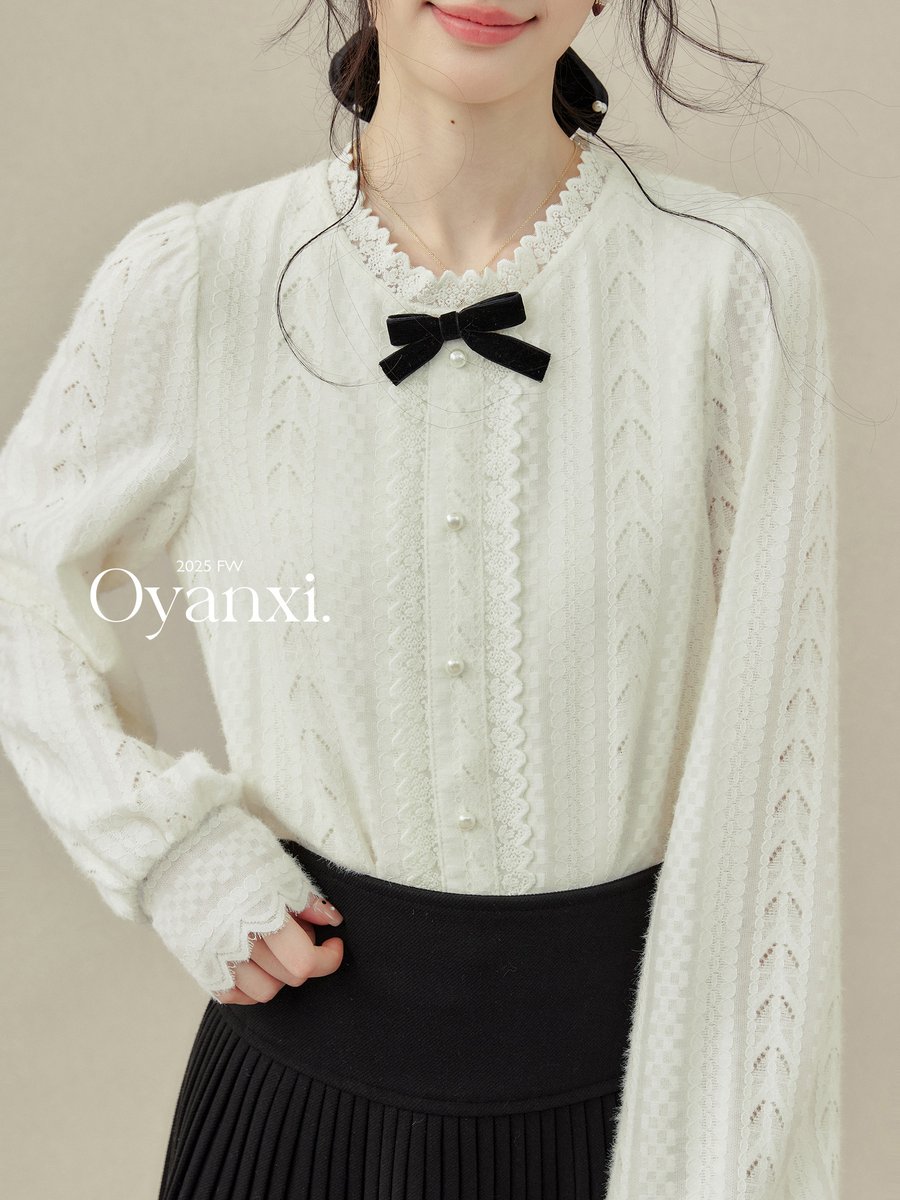 OYANXI リボン レース 長袖ブラウス