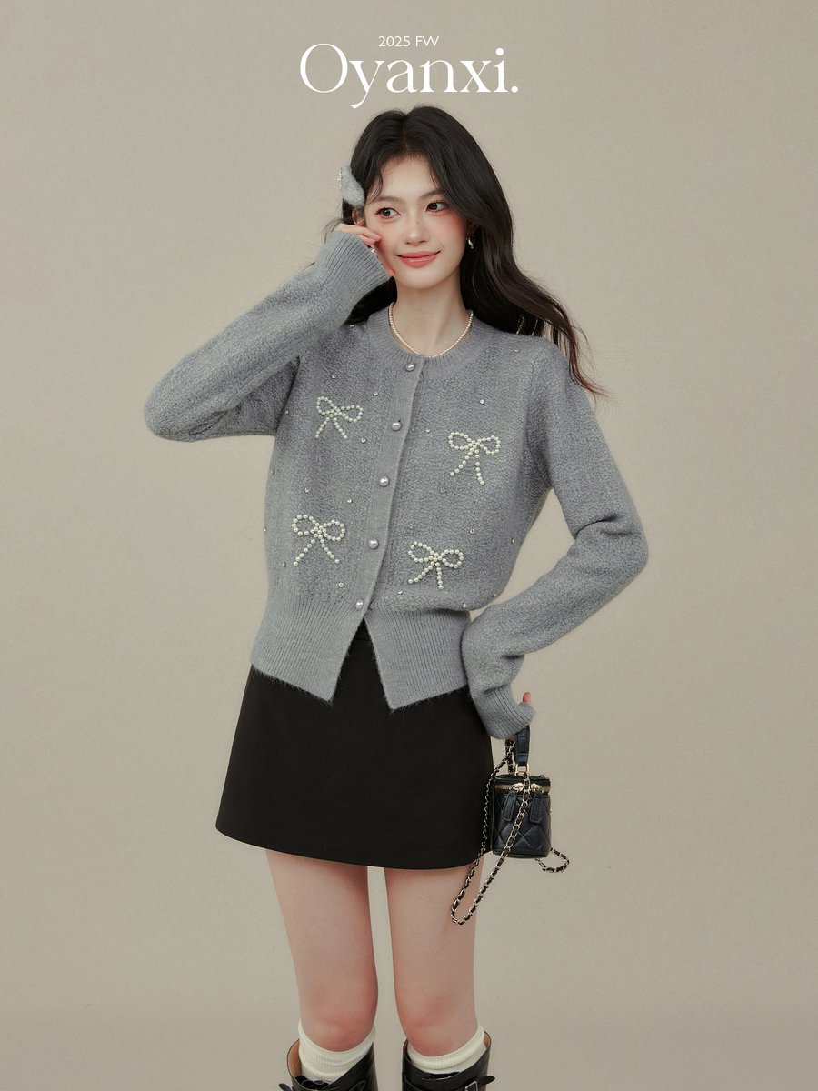 OYANXI リボンディテール グレー ニットカーディガン
