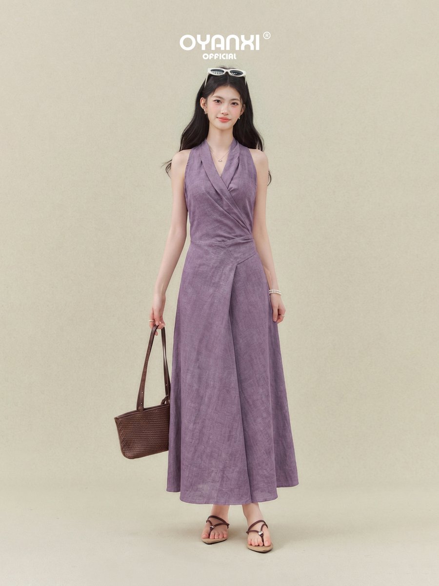 OYANXI ホルターネック Vネック ノースリーブ ロングワンピース