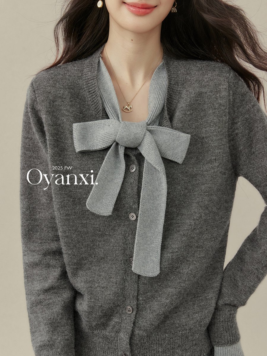 OYANXI フェイクレイヤード リボンタイ ニットカーディガン