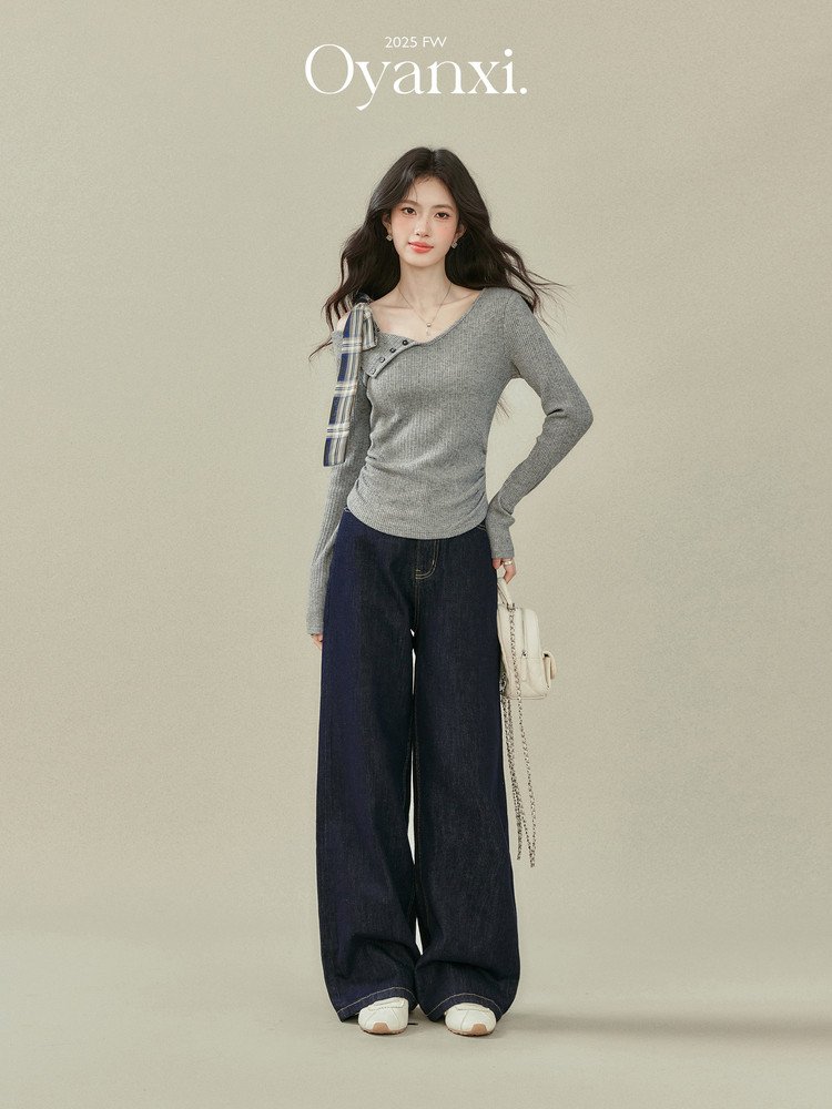 OYANXI リボン アシンメトリーネック ニット長袖Tシャツ