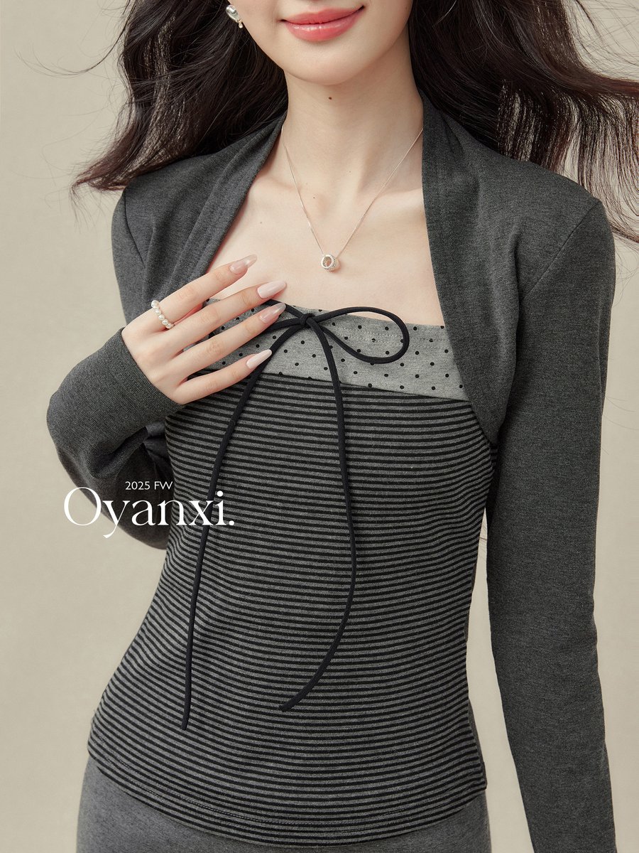OYANXI リボン フェイクレイヤード 長袖Tシャツ