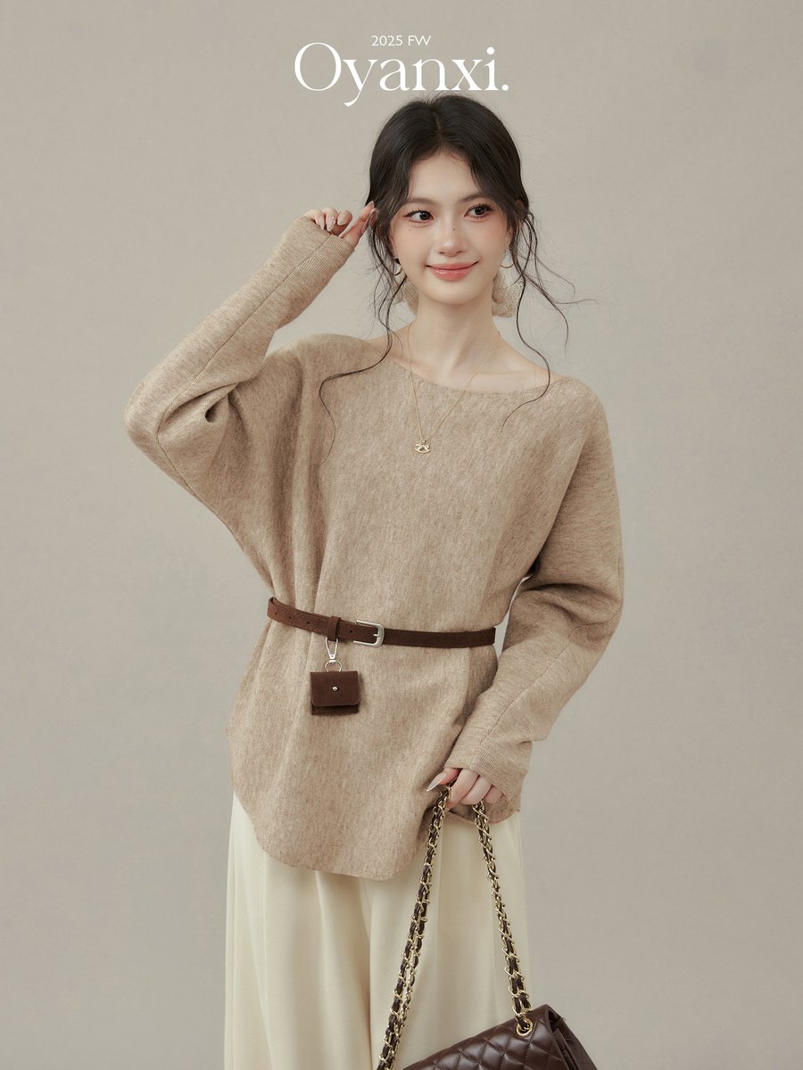 OYANXI ワイドクルーネック ニット ベルト付き
