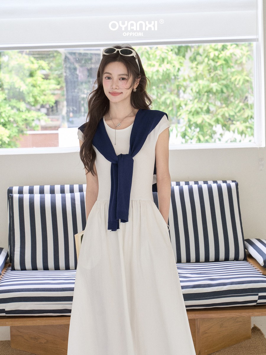 OYANXI ノースリーブ ウエストシェイプ ロングワンピース ショール付き