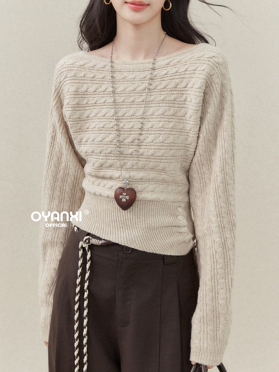 OYANXI ボートネック 透かし編み ショート丈 ゆったりセーター