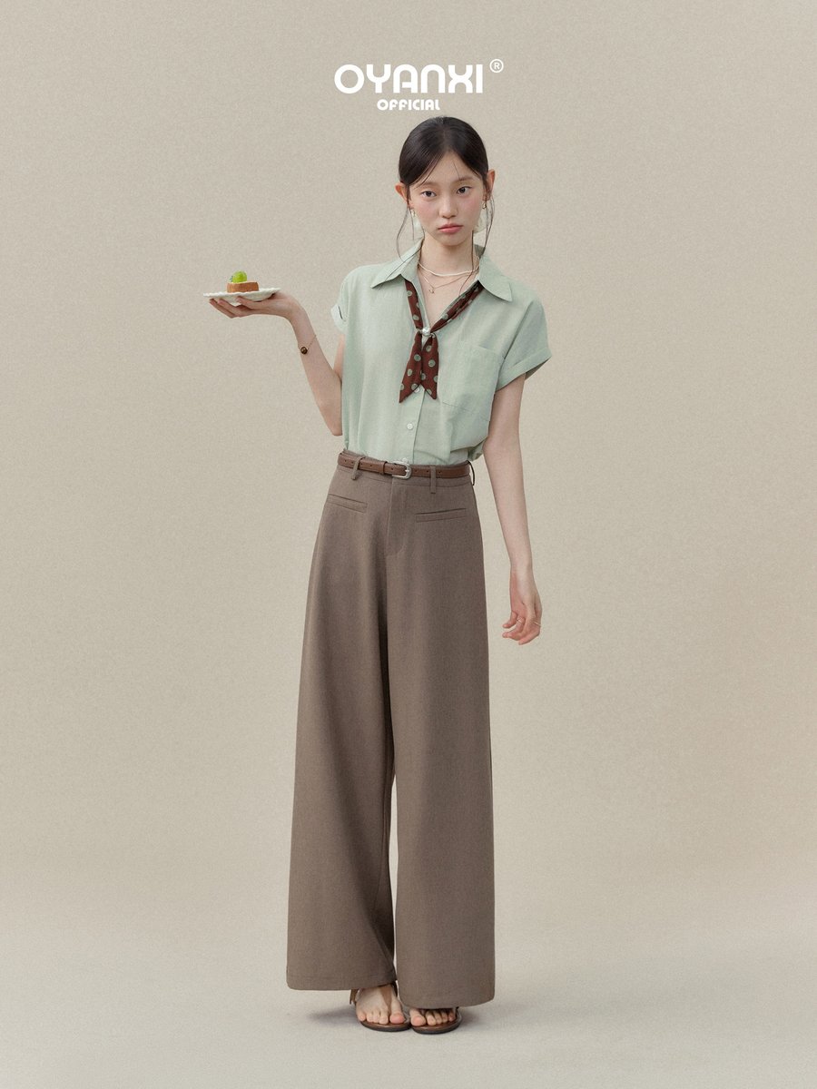 OYANXI スカーフ付き 襟付き ゆったり 半袖シャツ