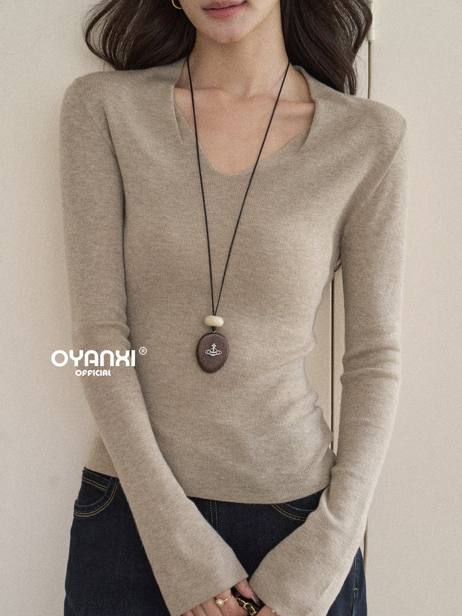 OYANXI 浅Vネック スリム 長袖ニットトップス