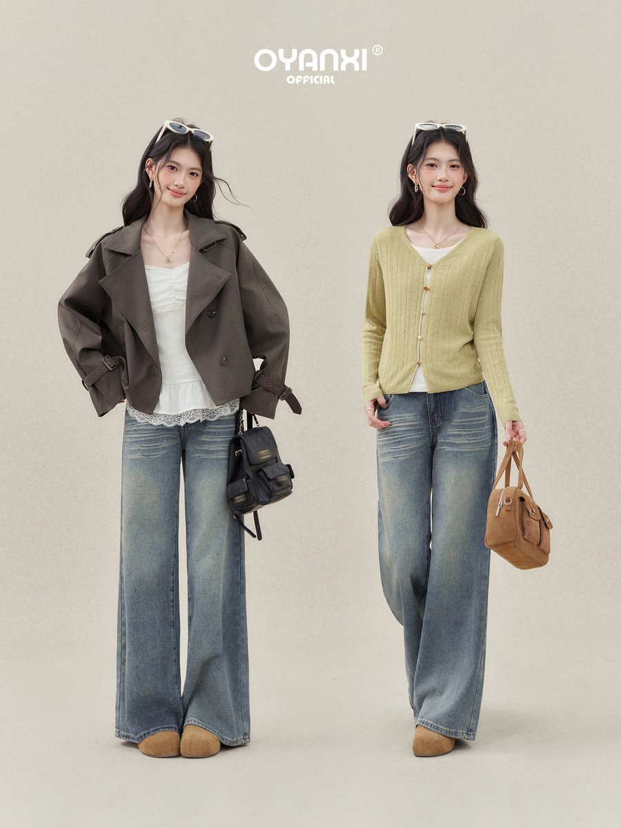 OYANXI ウォッシュ加工 ハイウエスト ワイドデニムパンツ