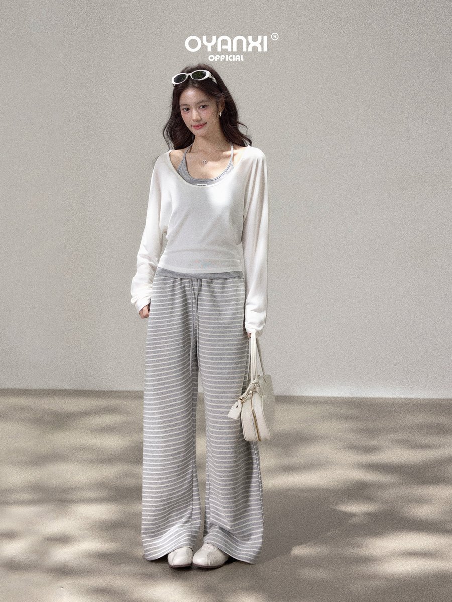OYANXI ストライプ ドローストリング ハイウエスト ワイドパンツ