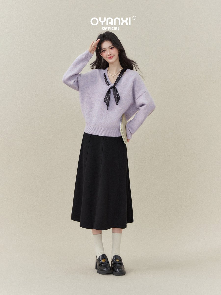OYANXI ドット柄スカーフ付き Vネック ゆったり プルオーバーセーター