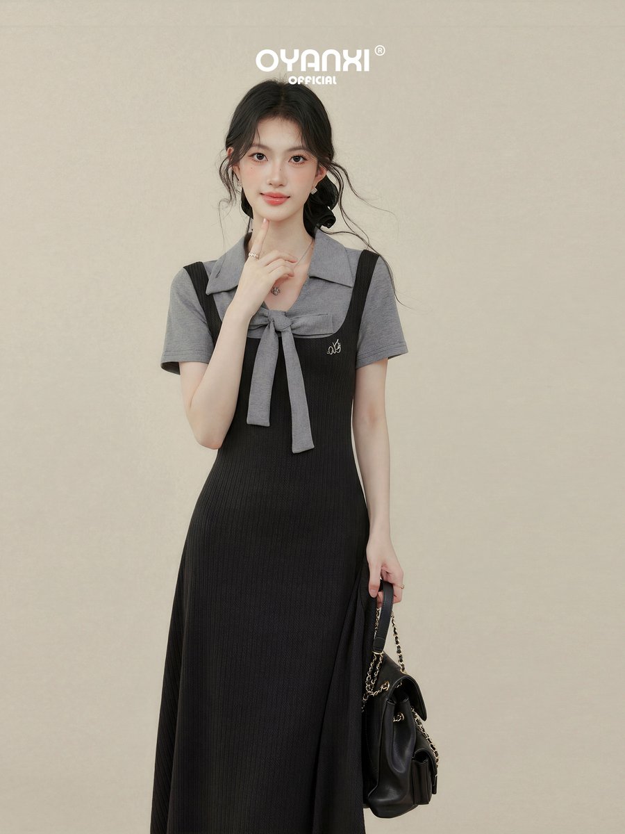 OYANXI 襟付き フェイクレイヤード 半袖ワンピース