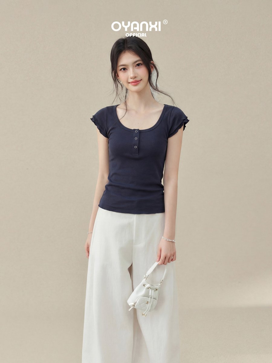 OYANXI Uネック フレアスリーブ ショート丈Tシャツ