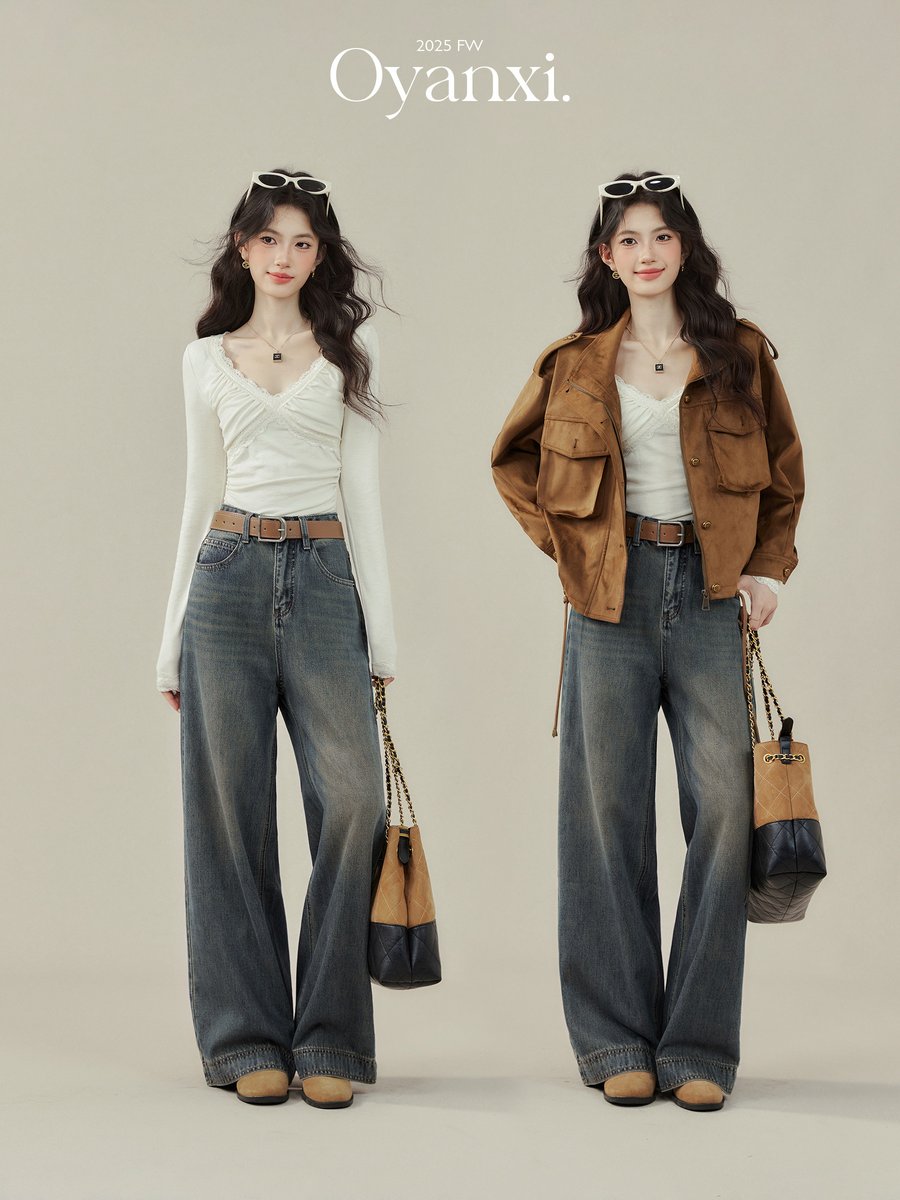 OYANXI レース Vネック インナー 長袖Tシャツ