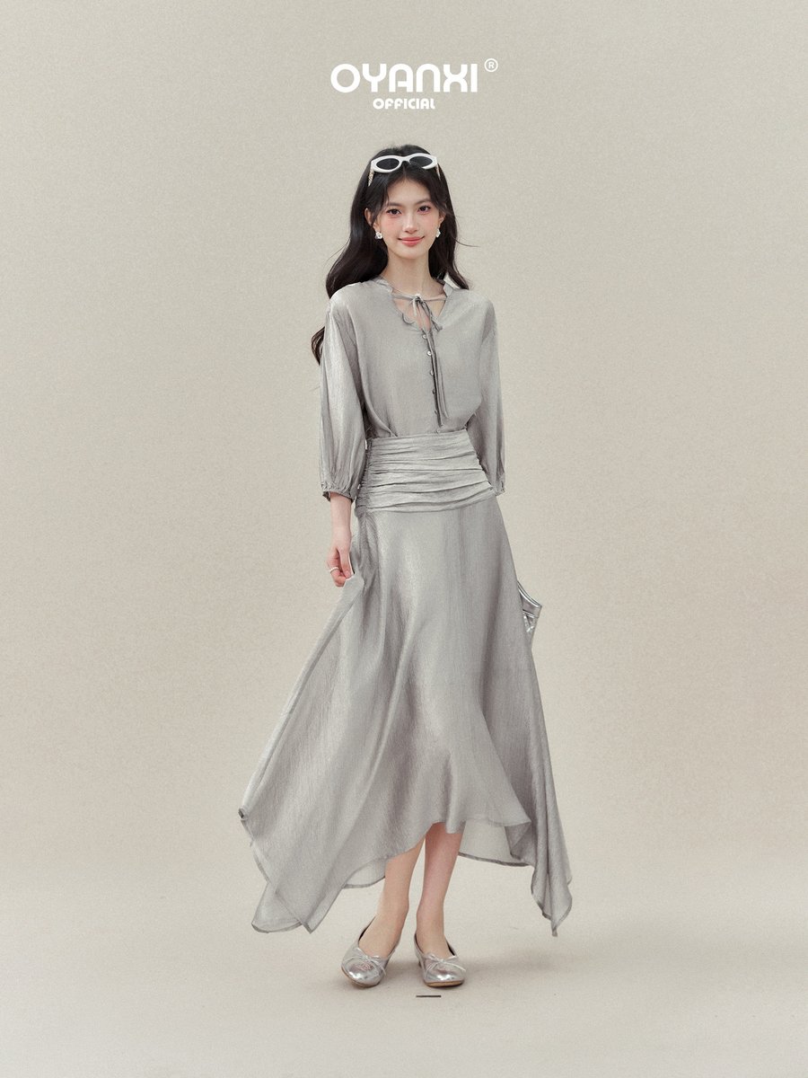 OYANXI アシンメトリーヘム Vネック 長袖ロングワンピース